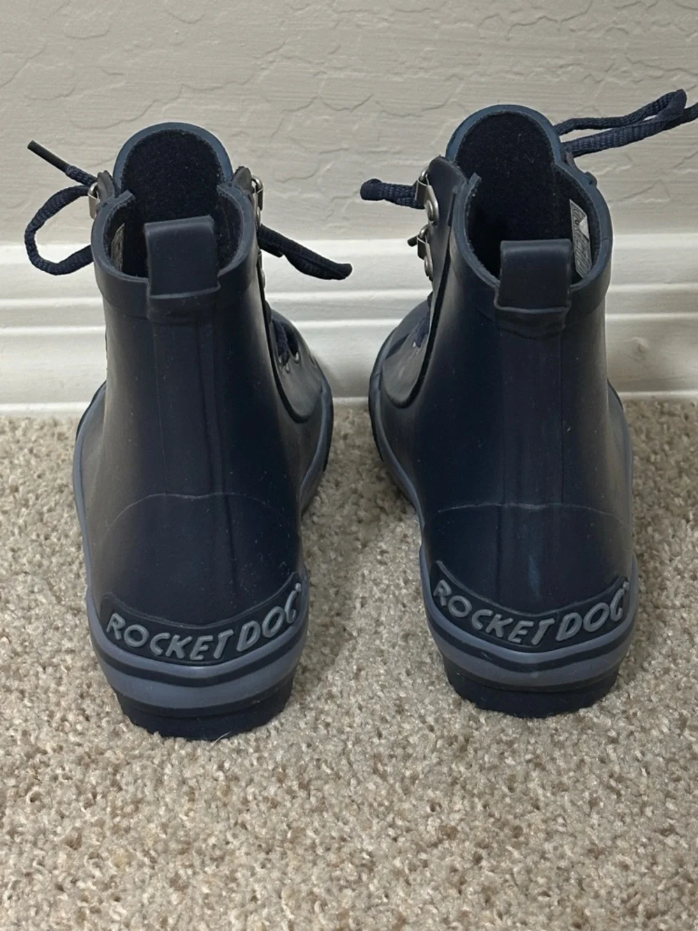 Rocket Dog Navy Rubber Rain Boots Lace Up Mid Calf Waterproof Womens Size 7